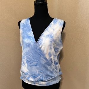 Veronica M Blue & White Tie Dyed Sleeveless Buttery Soft Faux Wrap Top